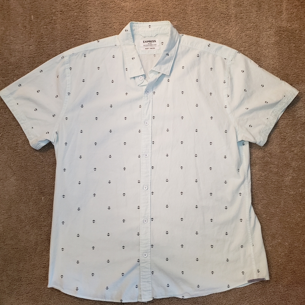 Express Anchor Sailing Button Up Pale Blue Short Sleeve Shirt XL